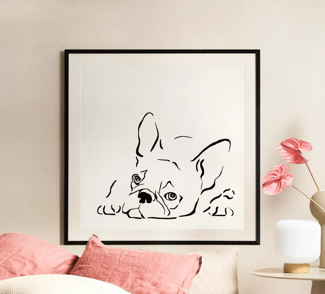 Bulldog francese cane disegno linea arte bianco nero poster con telaio in legno da Studio Patruschka