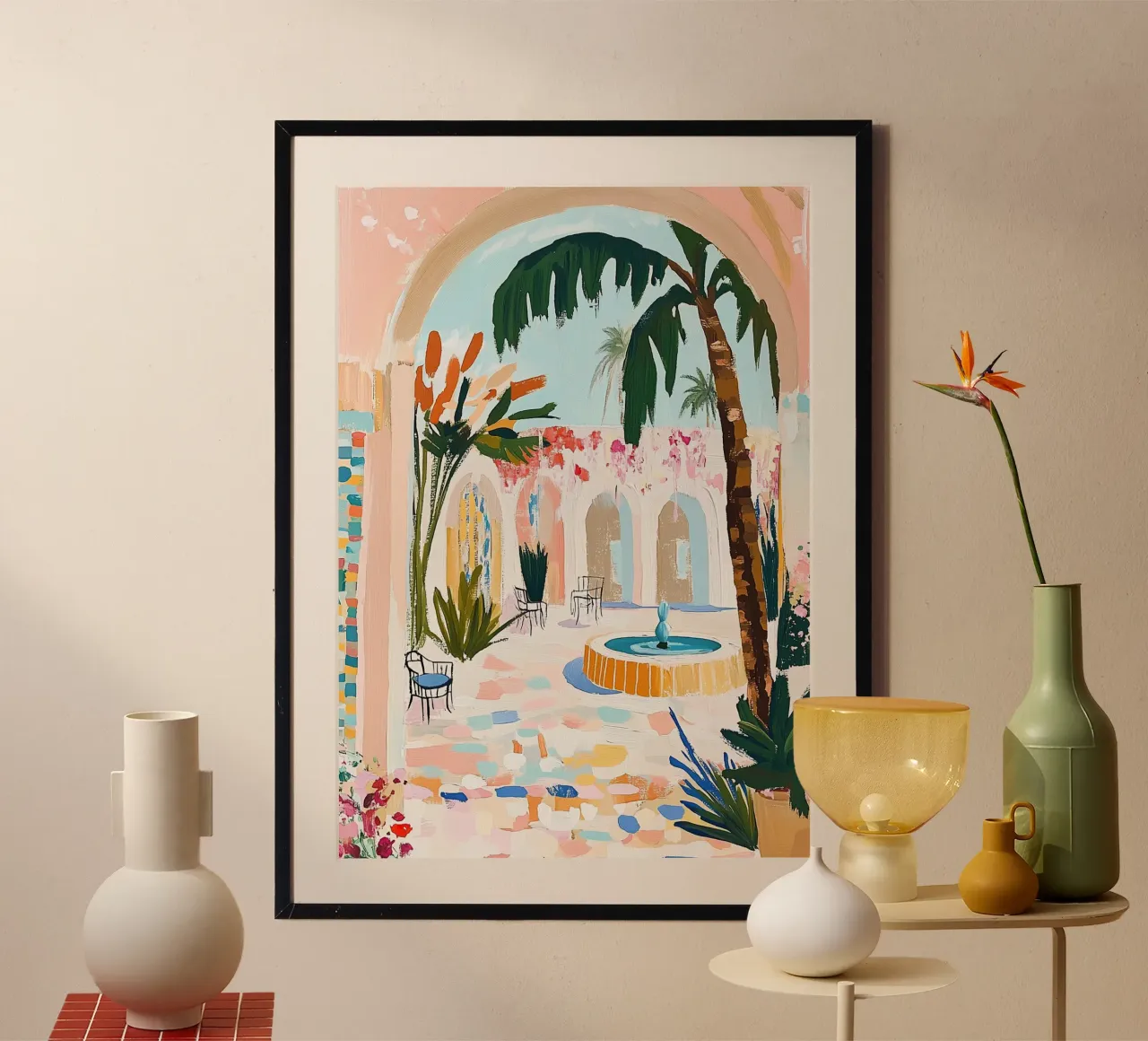 Pink Moroccan Riad: Dopamine Palm Court Fountain poster by dawnthesea