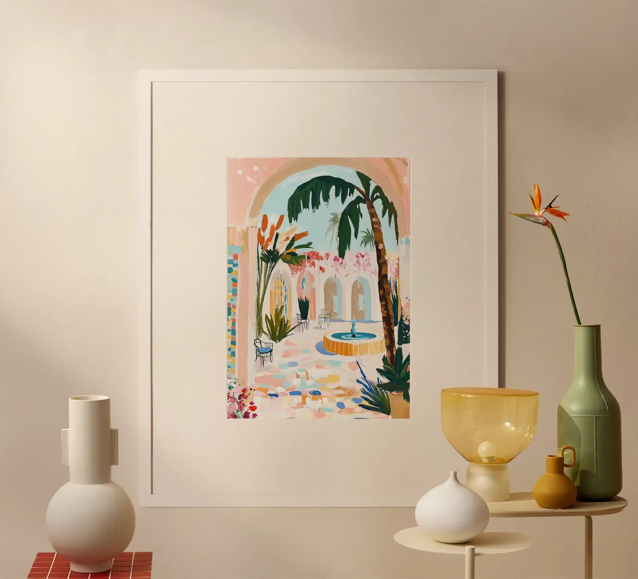 Pink Moroccan Riad: Dopamine Palm Court Fountain poster by dawnthesea