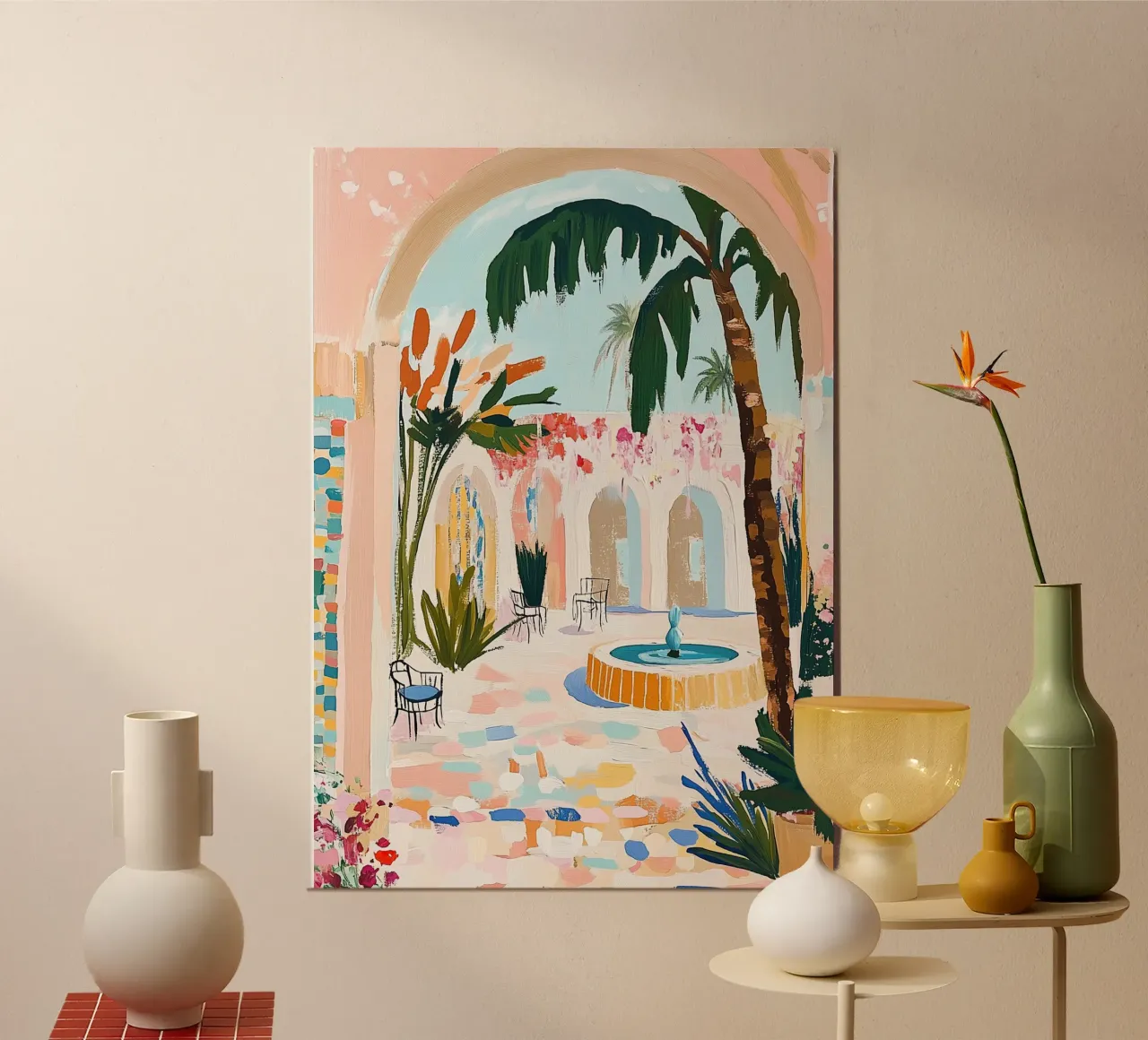 Pink Moroccan Riad: Dopamine Palm Court Fountain poster by dawnthesea
