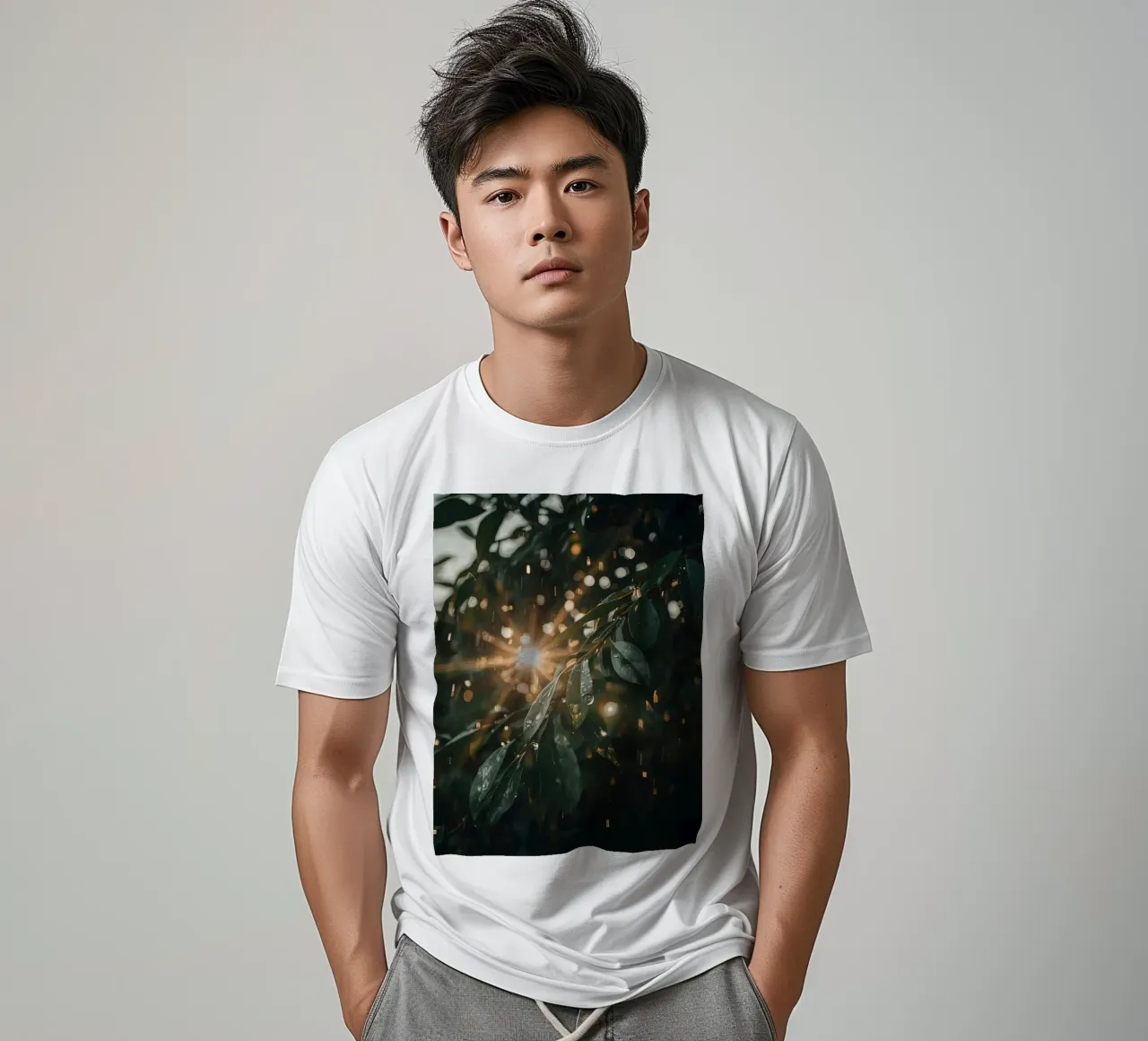 Luce solare e pioggia sulle foglie verde scuro t-shirt da DesignDoodle