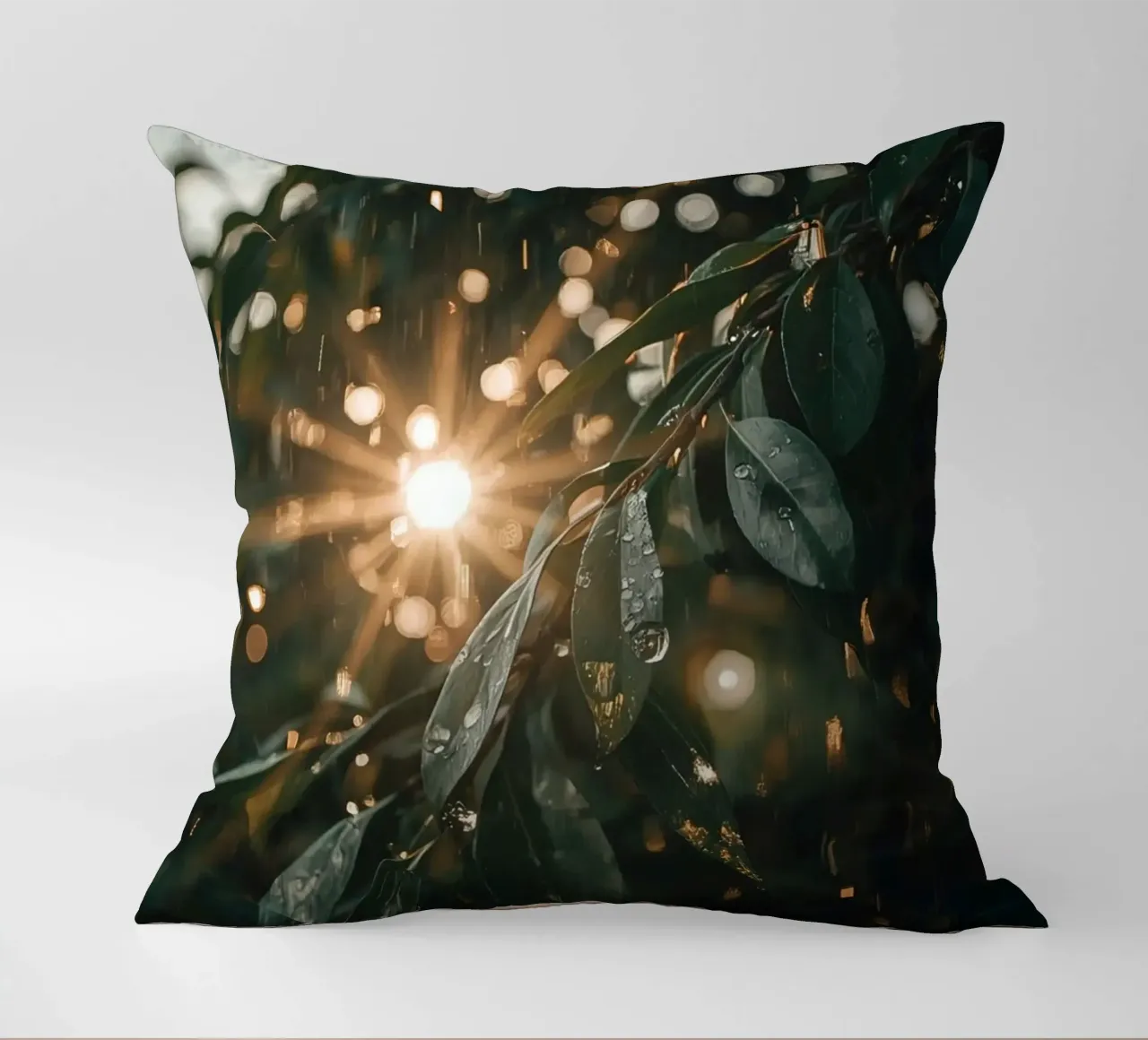 Luce solare e pioggia sulle foglie verde scuro cuscino da DesignDoodle