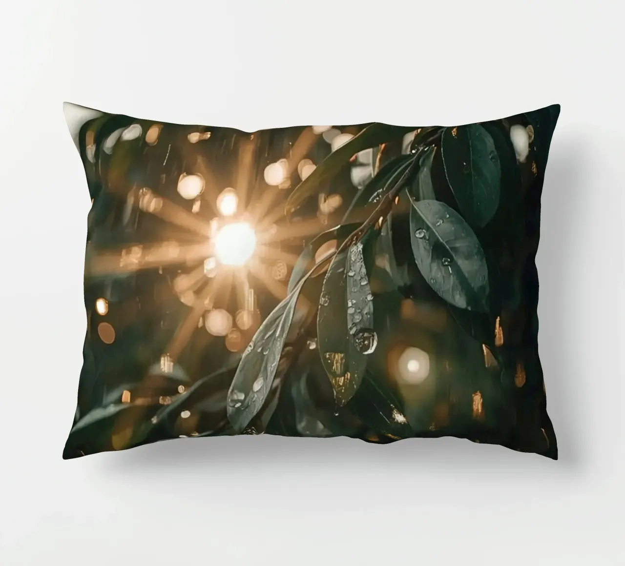 Luce solare e pioggia sulle foglie verde scuro cuscino da DesignDoodle
