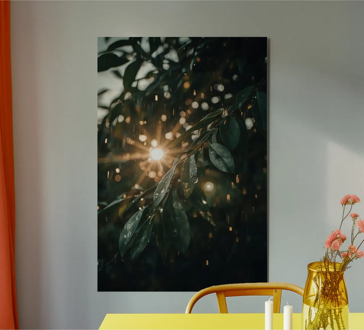 Luce solare e pioggia sulle foglie verde scuro alluminio dibond da DesignDoodle