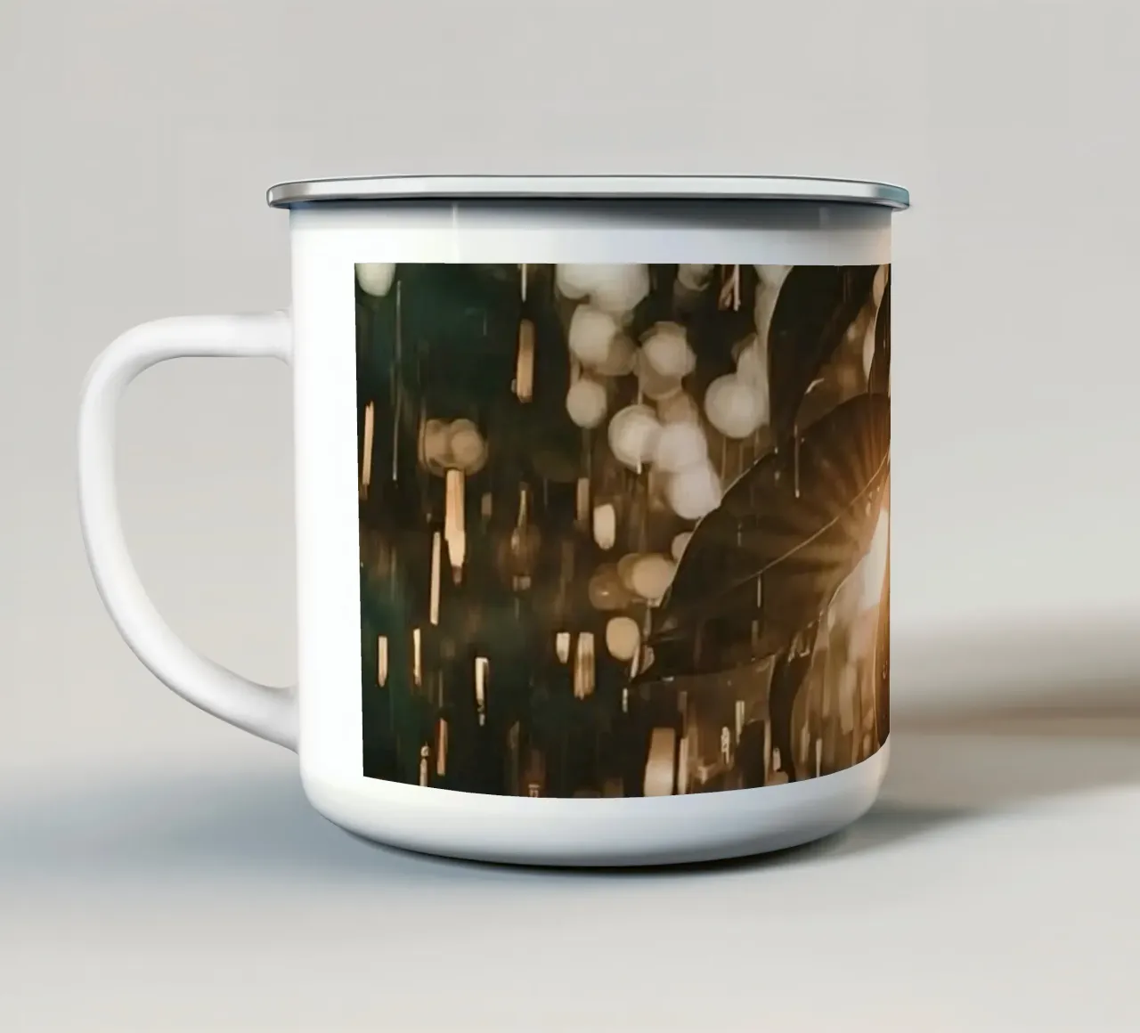 La luce del sole attraverso le foglie e la pioggia tazza in smalto da DesignDoodle