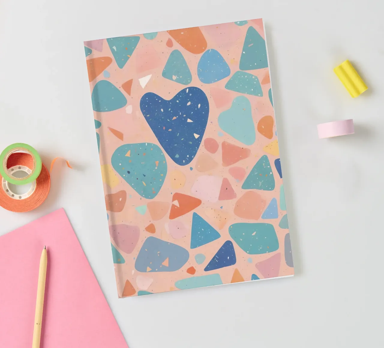 Terrazzo Pattern with Pastel Shapes and Blue Heart notebook by DesignDoodle