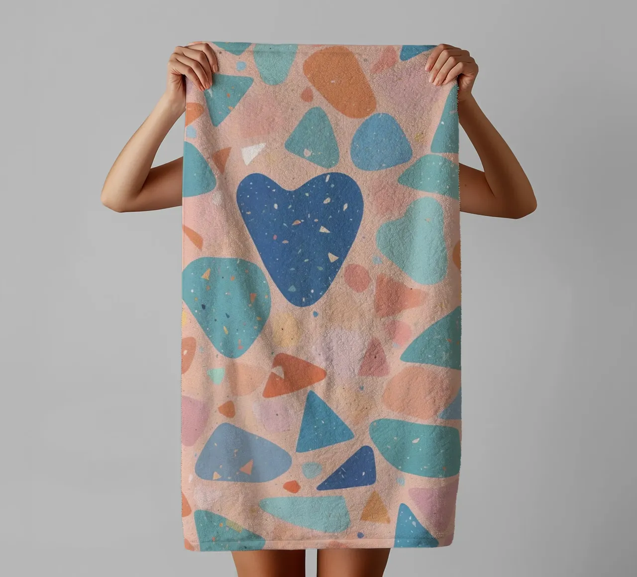 Terrazzo Pattern with Pastel Shapes and Blue Heart towel by DesignDoodle