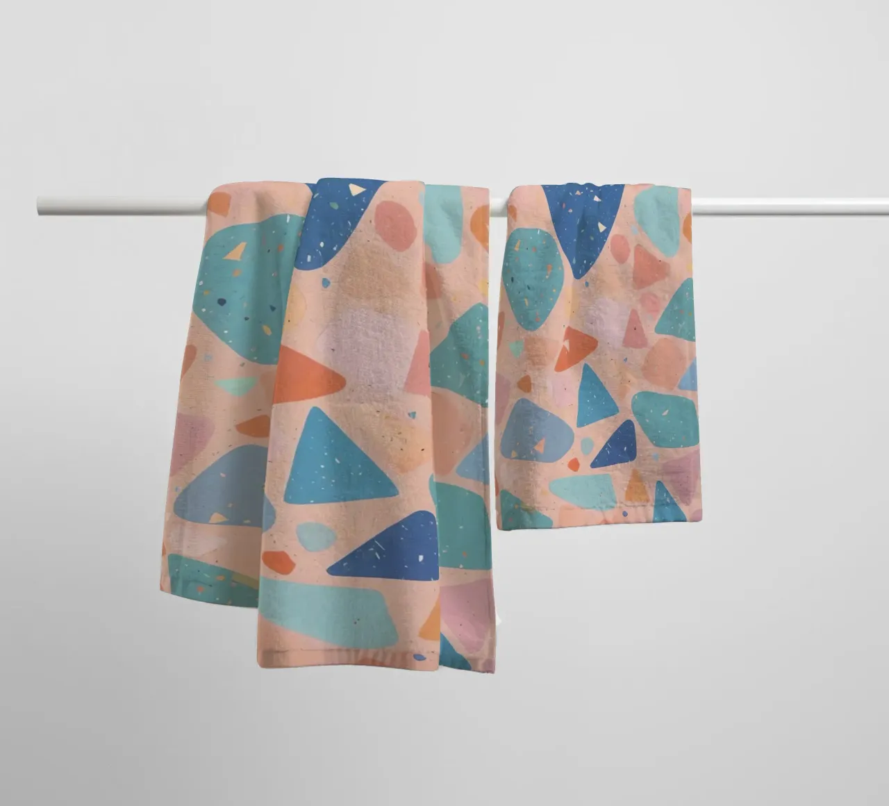 Terrazzo Pattern with Pastel Shapes and Blue Heart towel by DesignDoodle