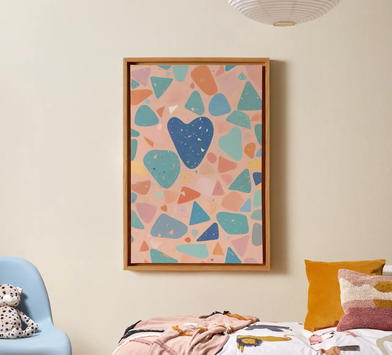 Terrazzo Pattern with Pastel Shapes and Blue Heart canvas by DesignDoodle