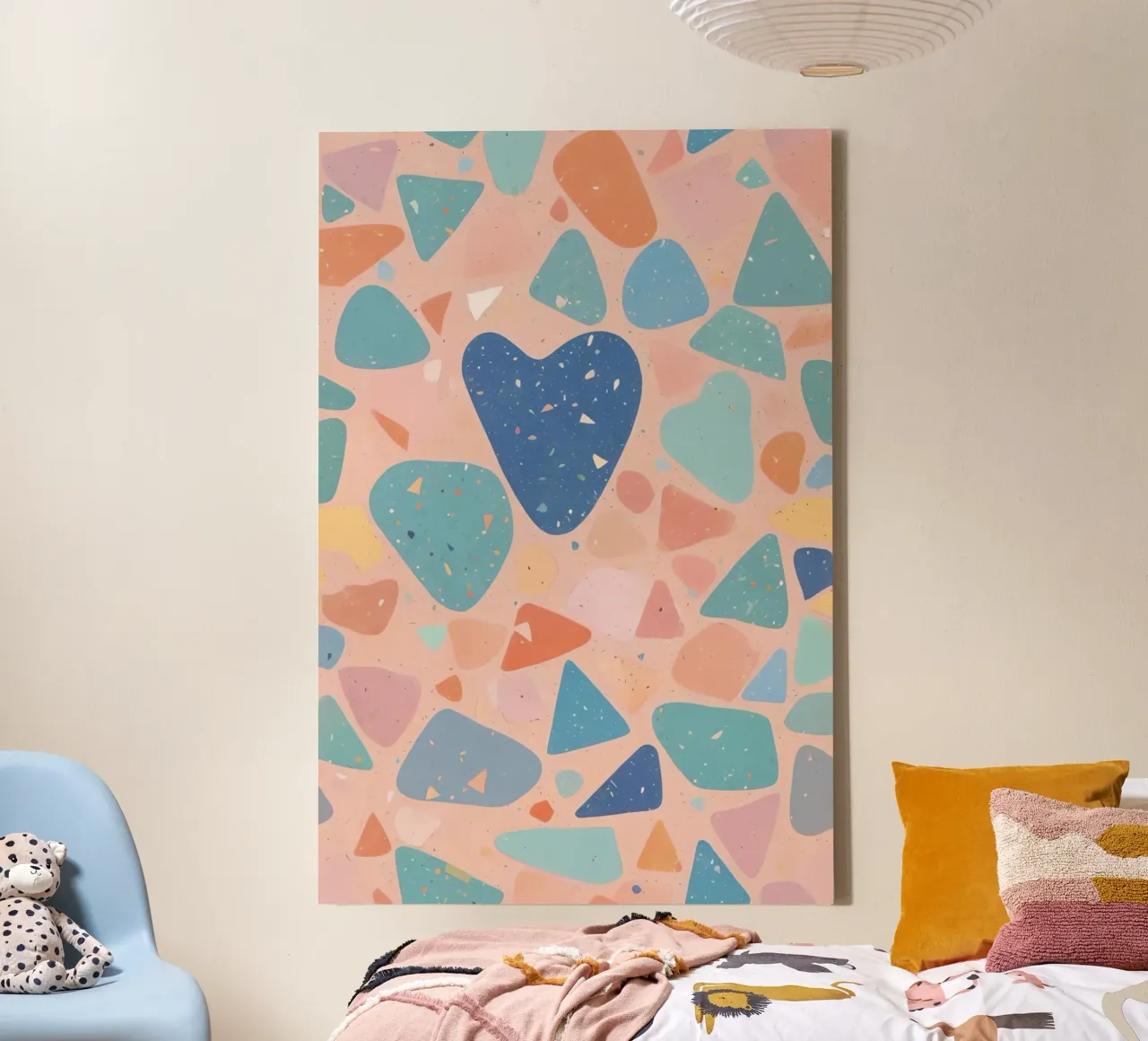 Terrazzo Pattern with Pastel Shapes and Blue Heart canvas by DesignDoodle