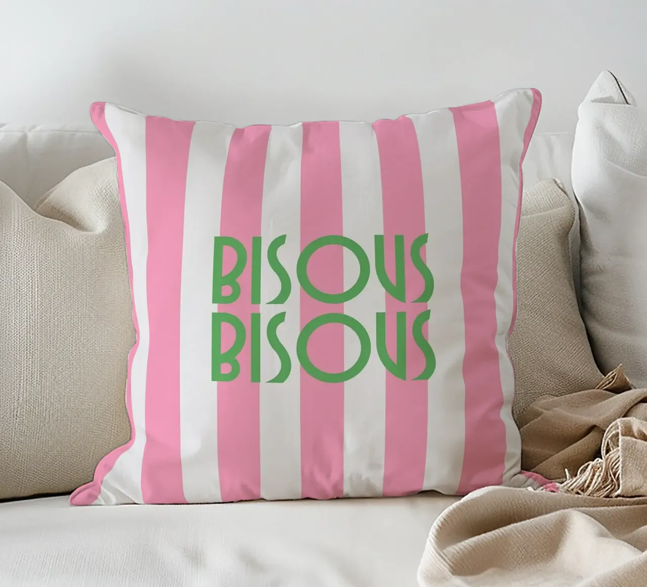 Bisous Bisous a strisce bianche e rosa cuscino da apple crumble