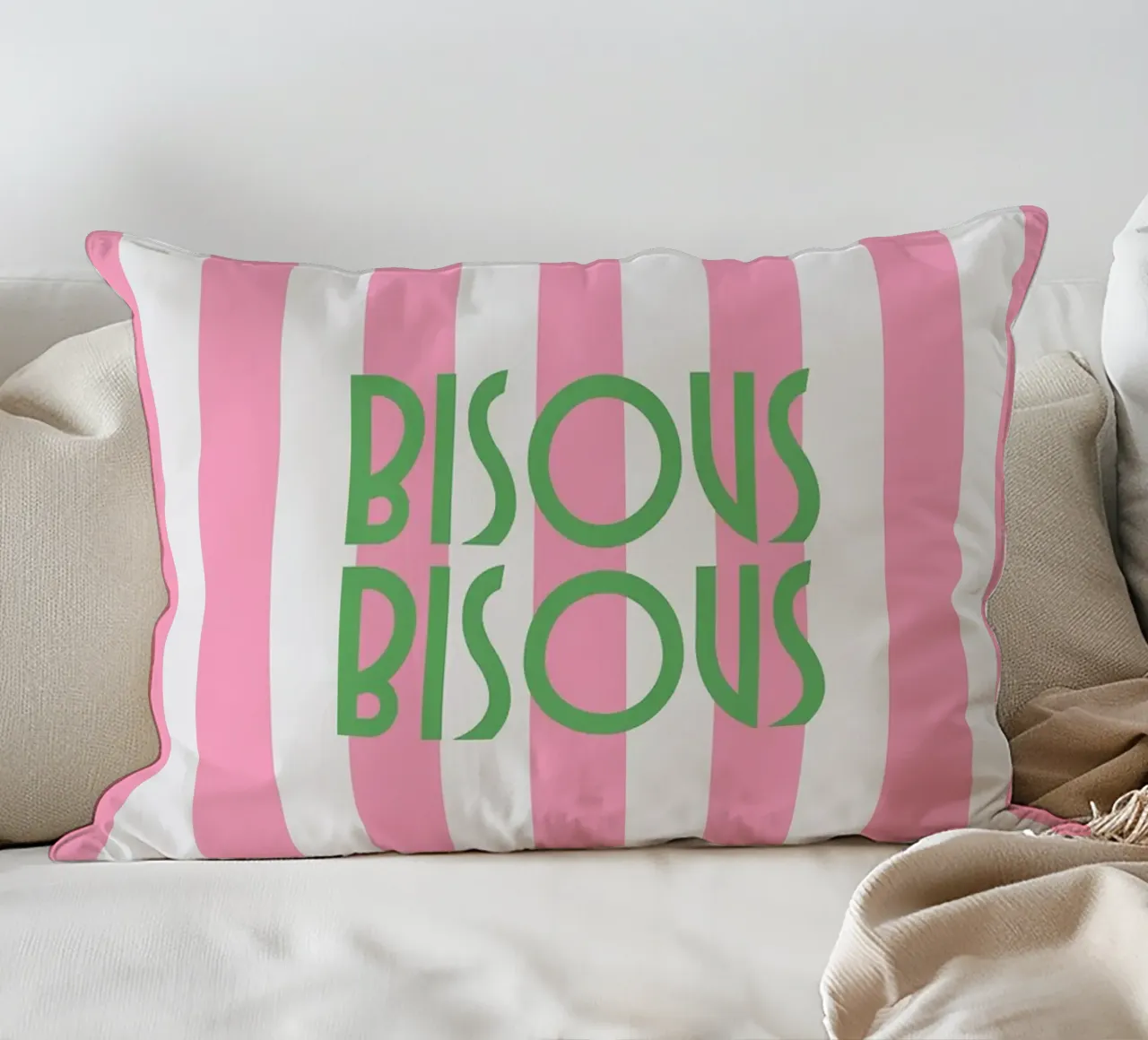 Bisous Bisous a strisce bianche e rosa cuscino da apple crumble