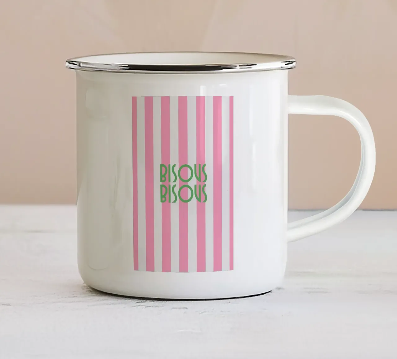 Bisous Bisous a strisce bianche e rosa tazza in smalto da apple crumble