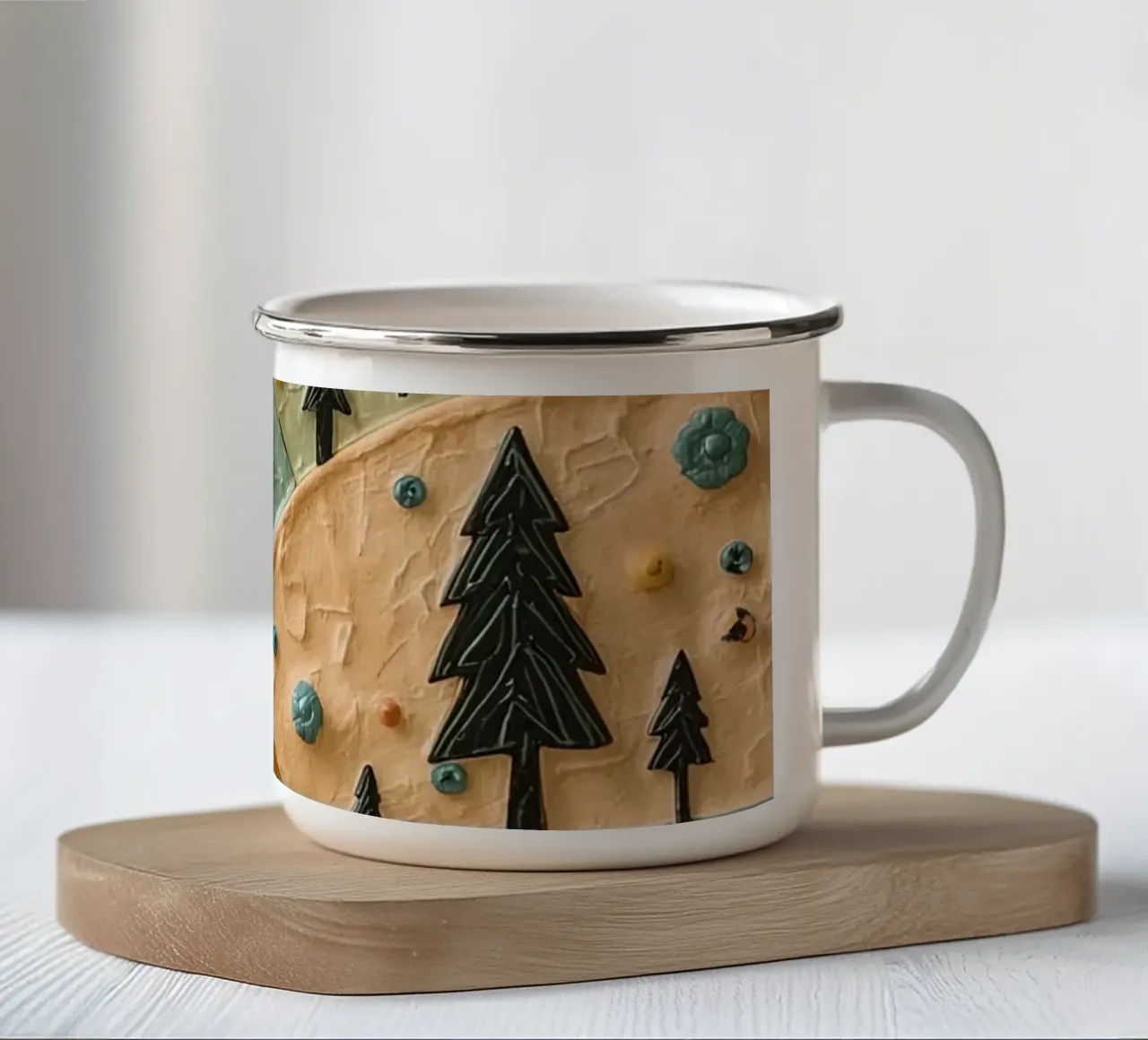 Paesaggio strutturato con alberi sempreverdi e decorazioni floreali tazza in smalto da DesignDoodle
