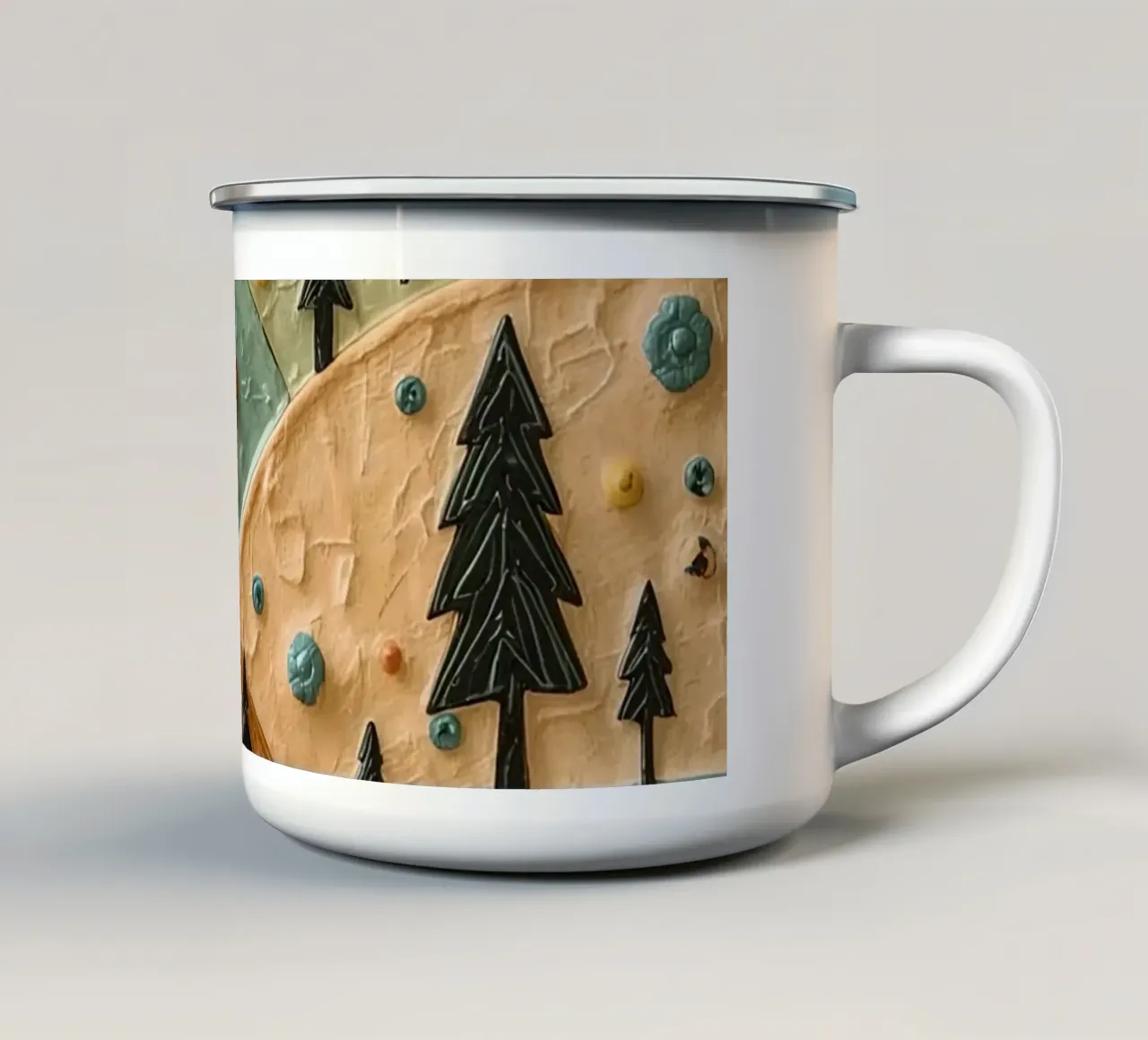 Paesaggio strutturato con alberi sempreverdi e decorazioni floreali tazza in smalto da DesignDoodle