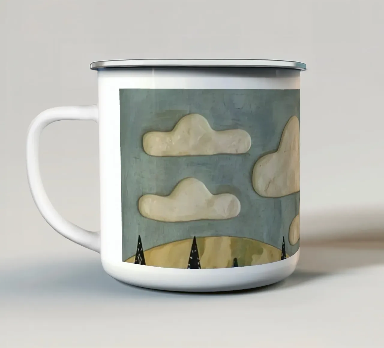 Paesaggio strutturato con alberi sempreverdi e sole tazza in smalto da DesignDoodle
