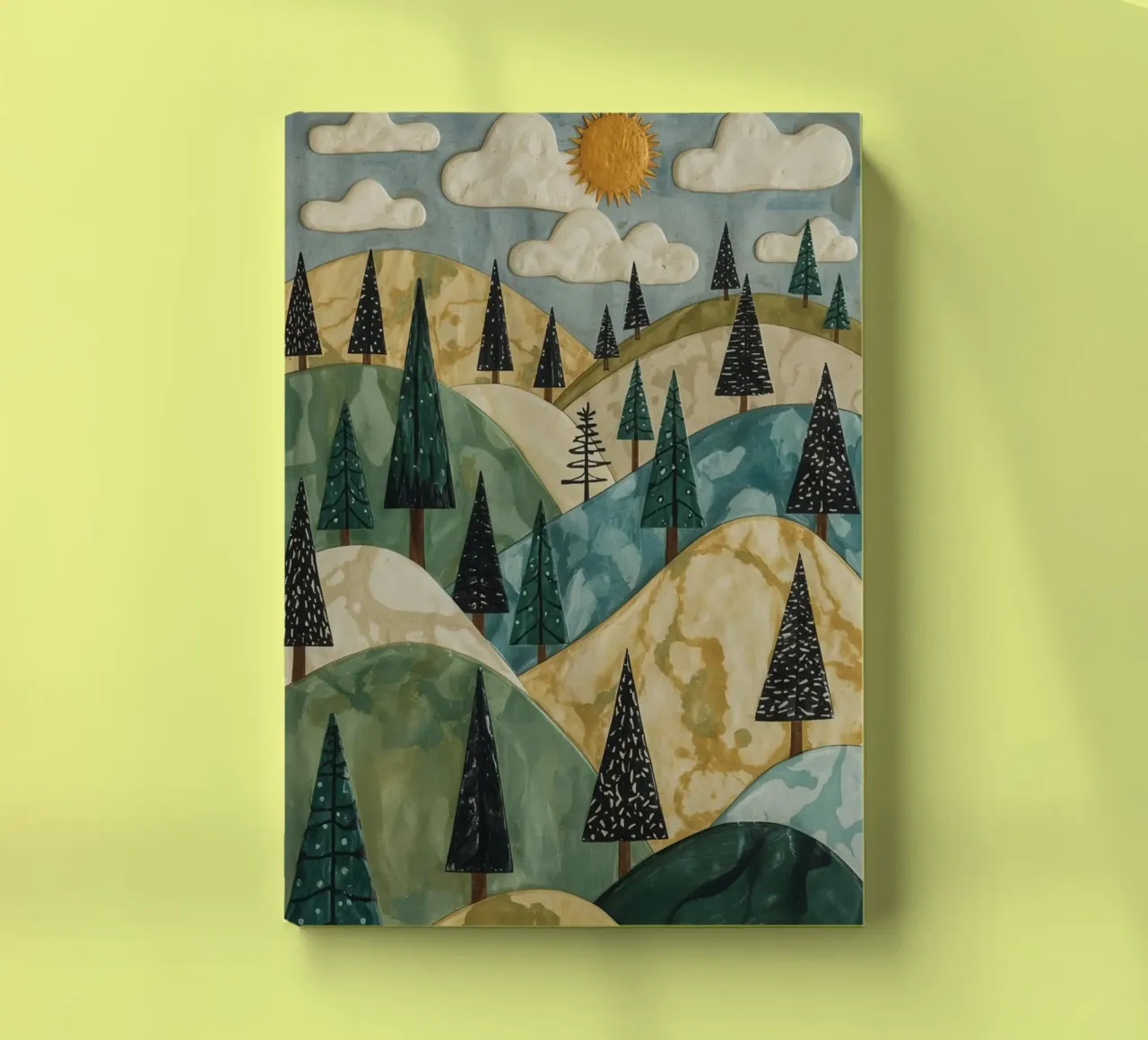 Textured Landscape with Evergreen Trees and Sun notebook by DesignDoodle