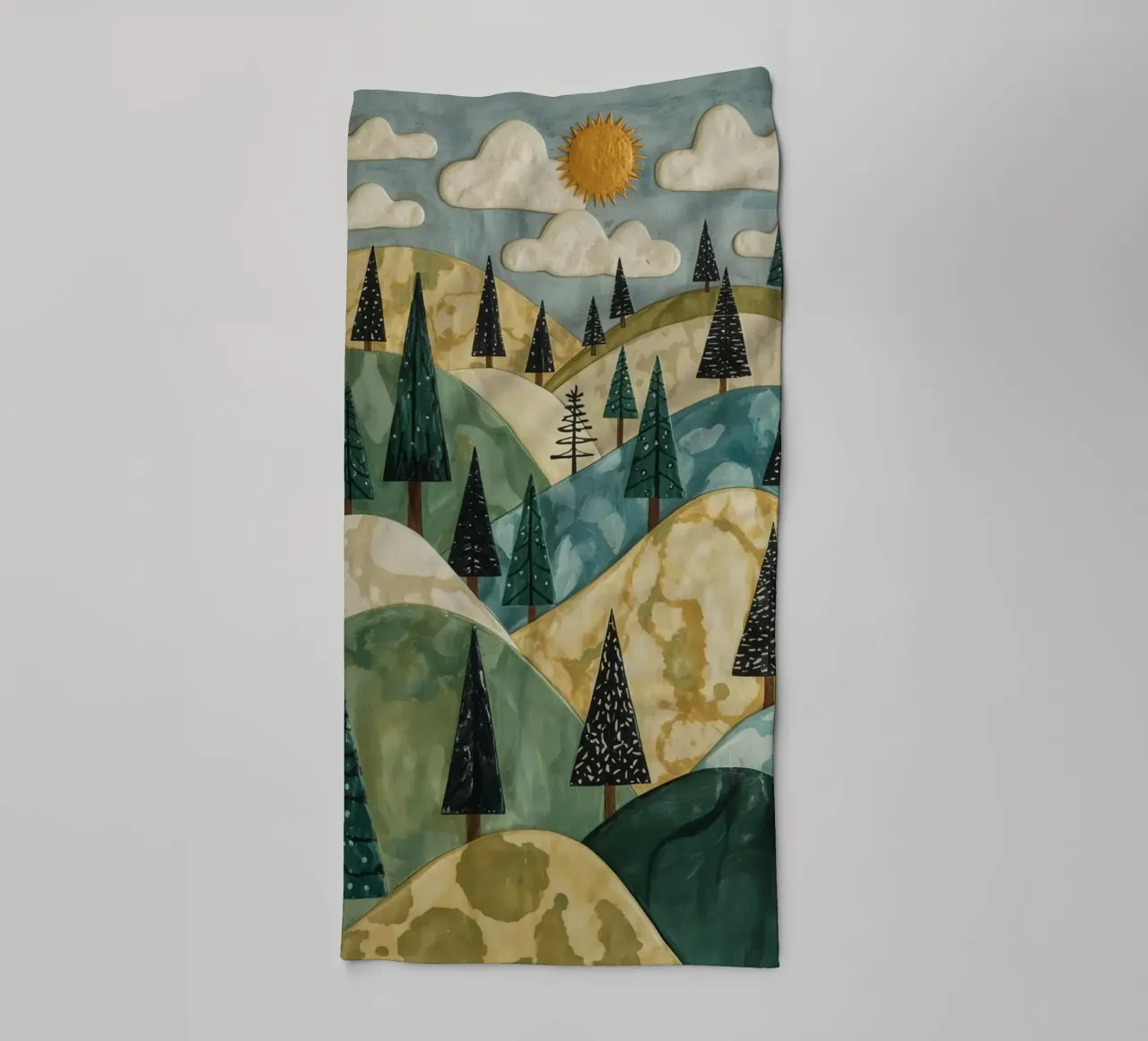 Textured Landscape with Evergreen Trees and Sun towel by DesignDoodle
