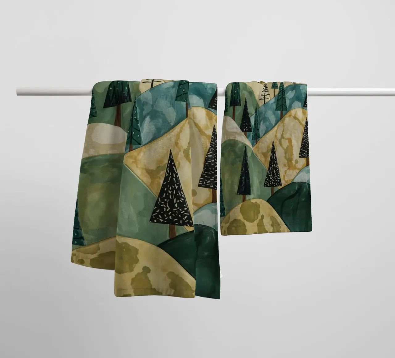 Textured Landscape with Evergreen Trees and Sun towel by DesignDoodle