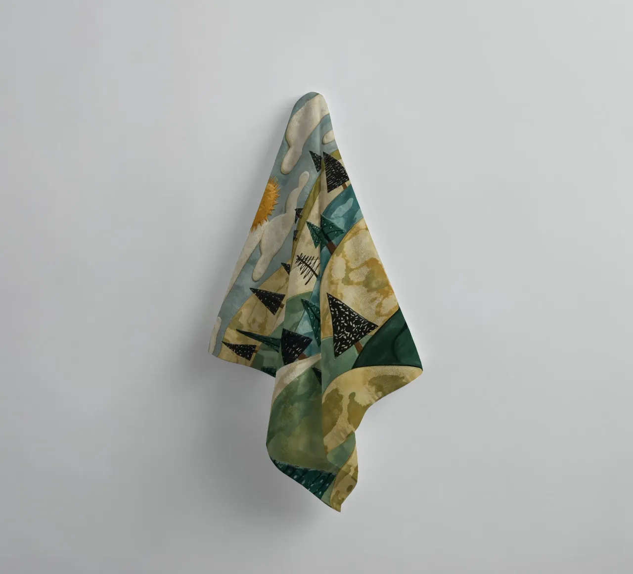 Textured Landscape with Evergreen Trees and Sun towel by DesignDoodle