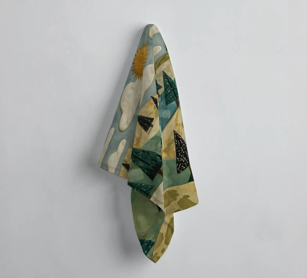 Textured Landscape with Evergreen Trees and Sun towel by DesignDoodle
