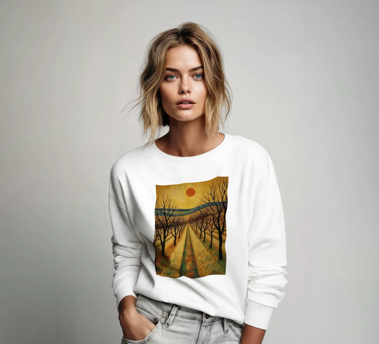 Treelined pathway with red sun over fields and bare trees sweatshirt by DesignDoodle