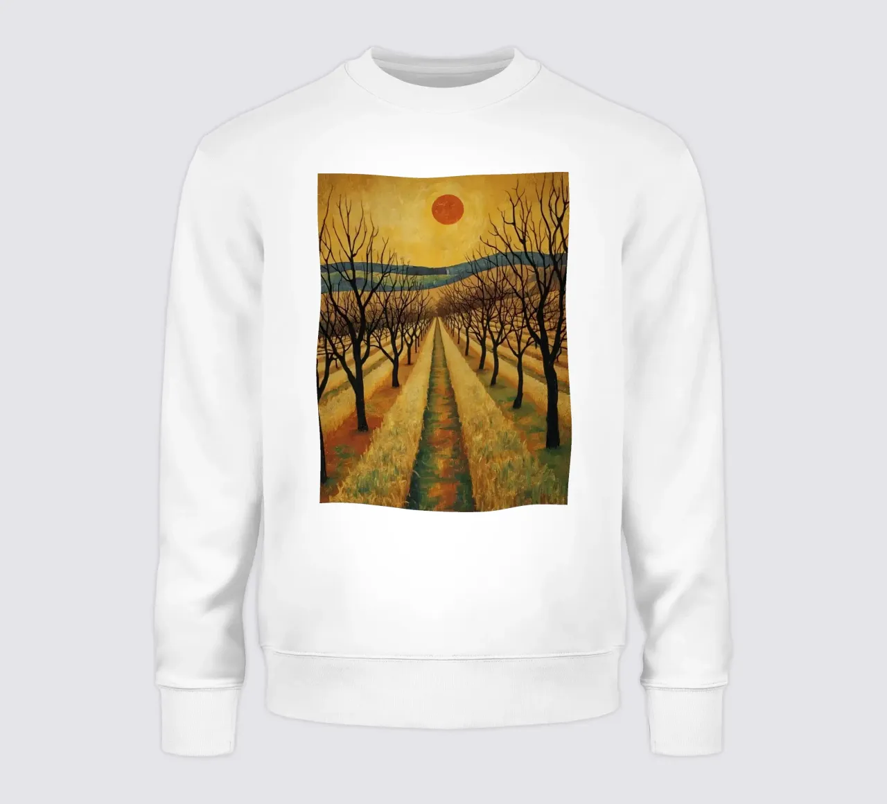 Treelined pathway with red sun over fields and bare trees sweatshirt by DesignDoodle