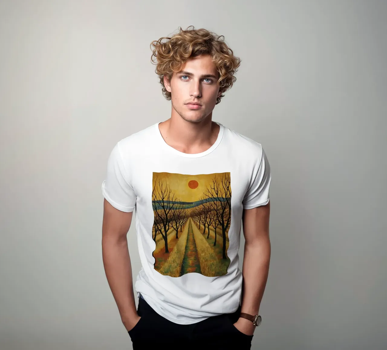 Treelined pathway with red sun over fields and bare trees t-shirt by DesignDoodle