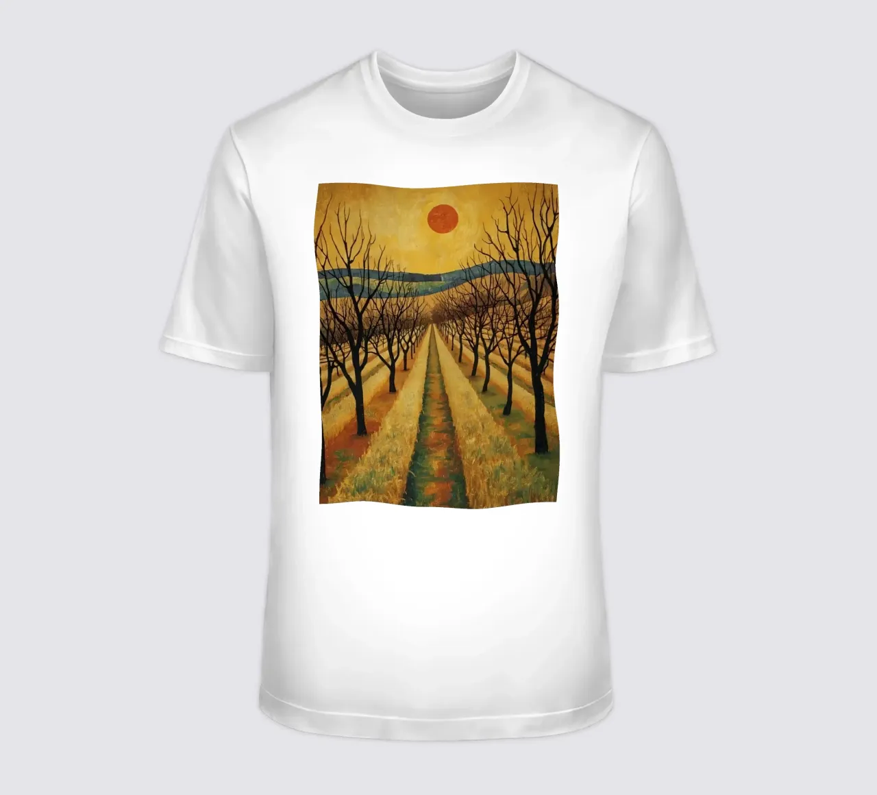Treelined pathway with red sun over fields and bare trees t-shirt by DesignDoodle