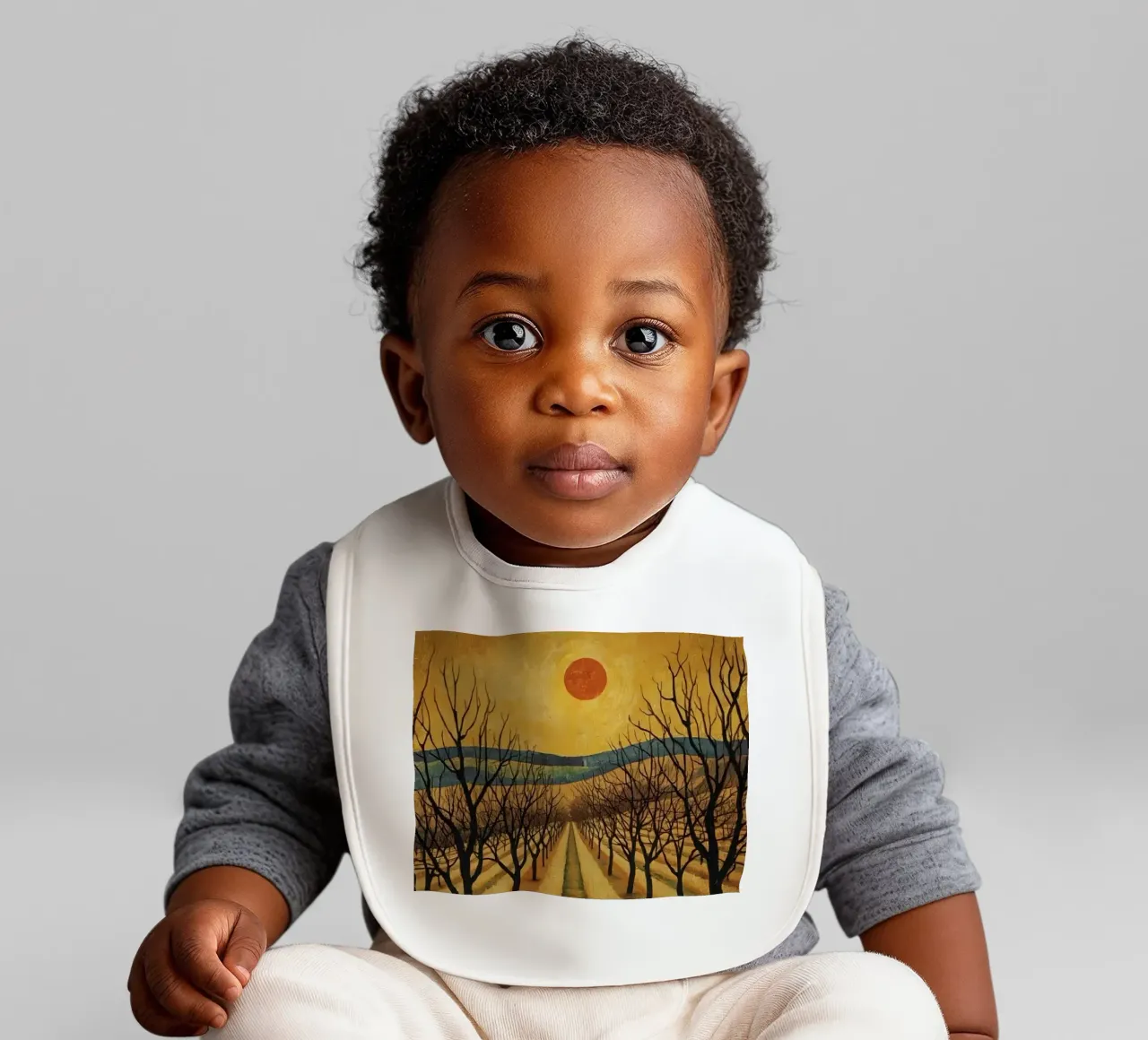 Treelined pathway with red sun over fields and bare trees baby bib by DesignDoodle