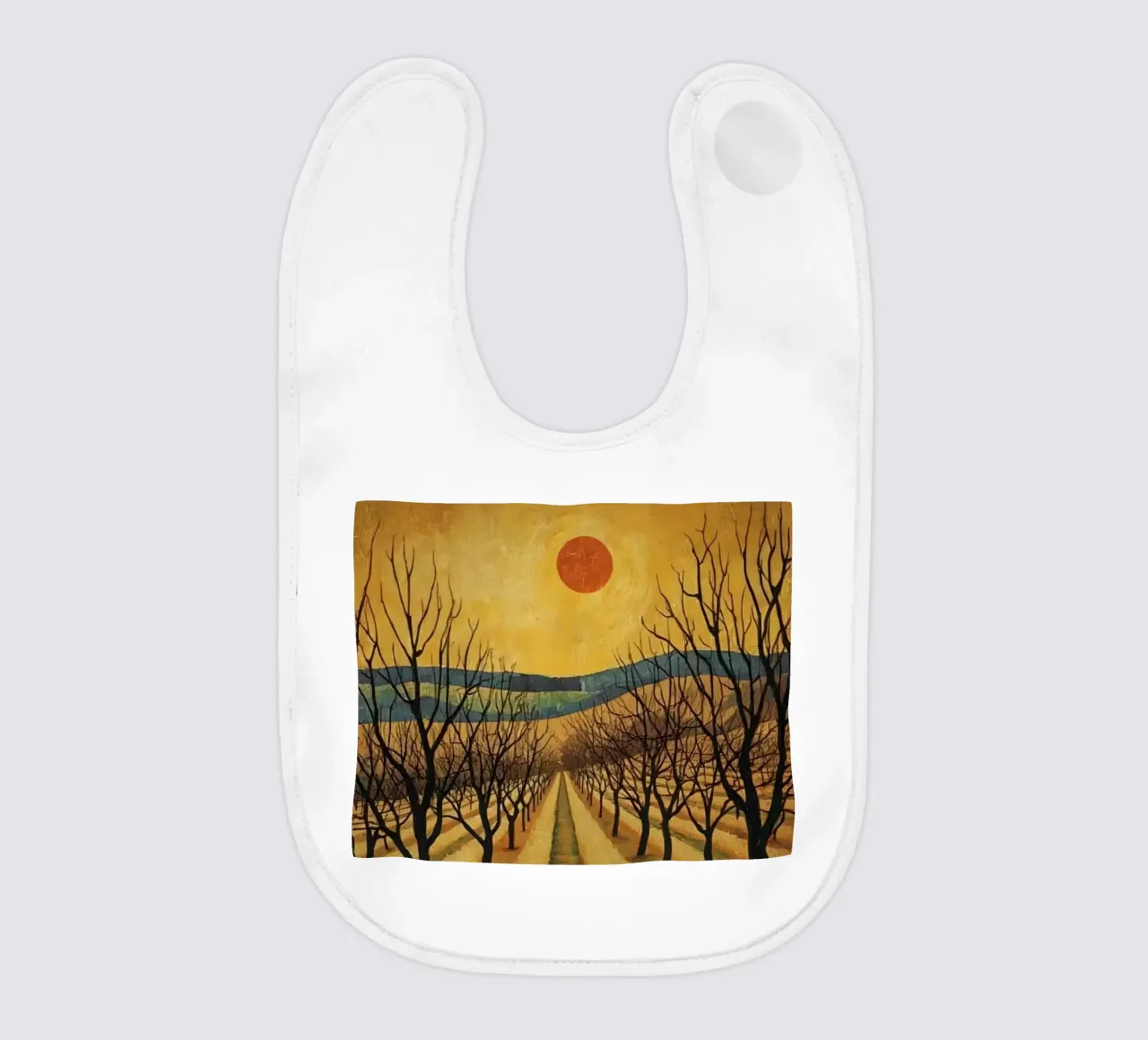 Treelined pathway with red sun over fields and bare trees baby bib by DesignDoodle