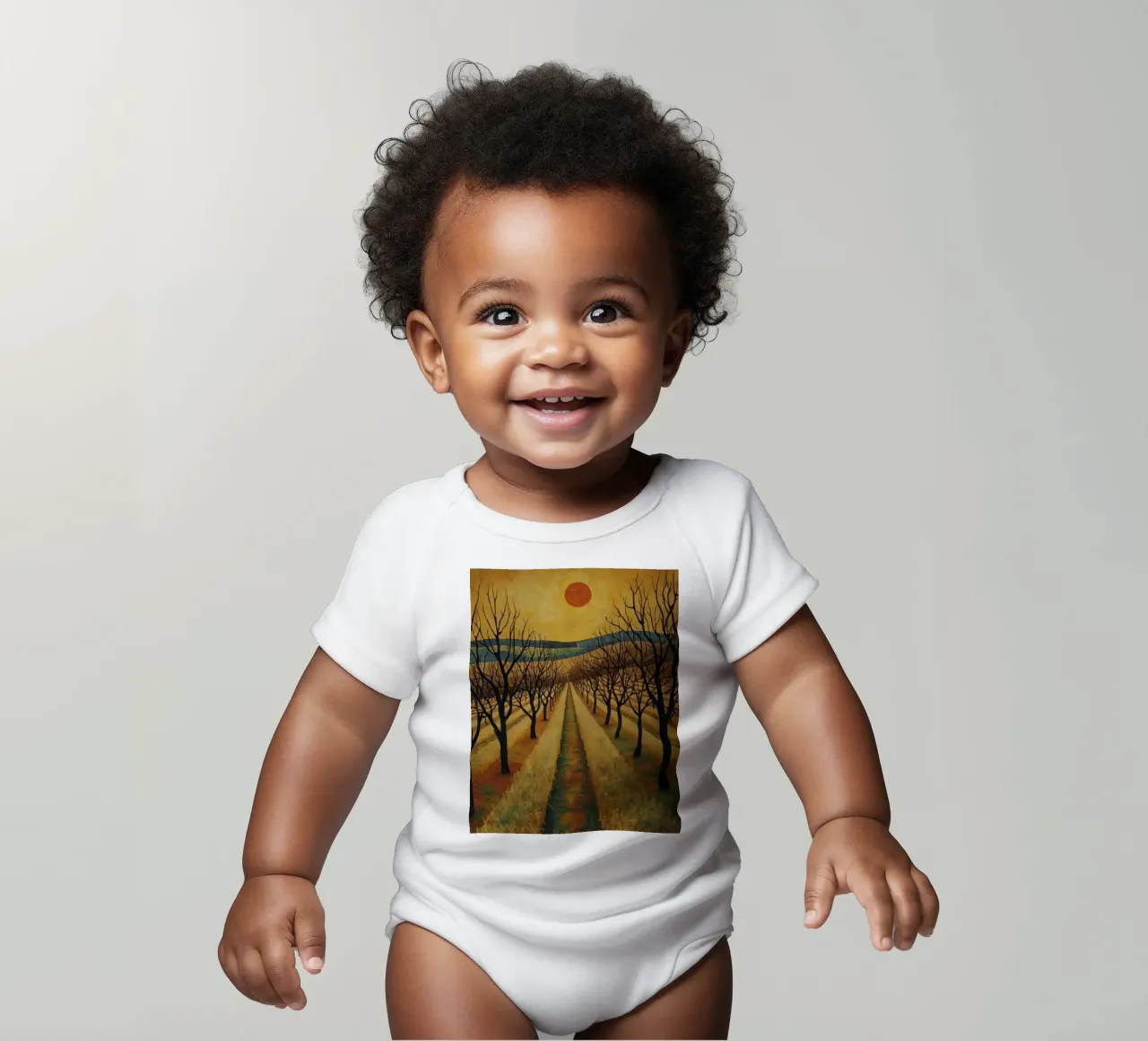 Treelined pathway with red sun over fields and bare trees short-sleeve baby romper by DesignDoodle
