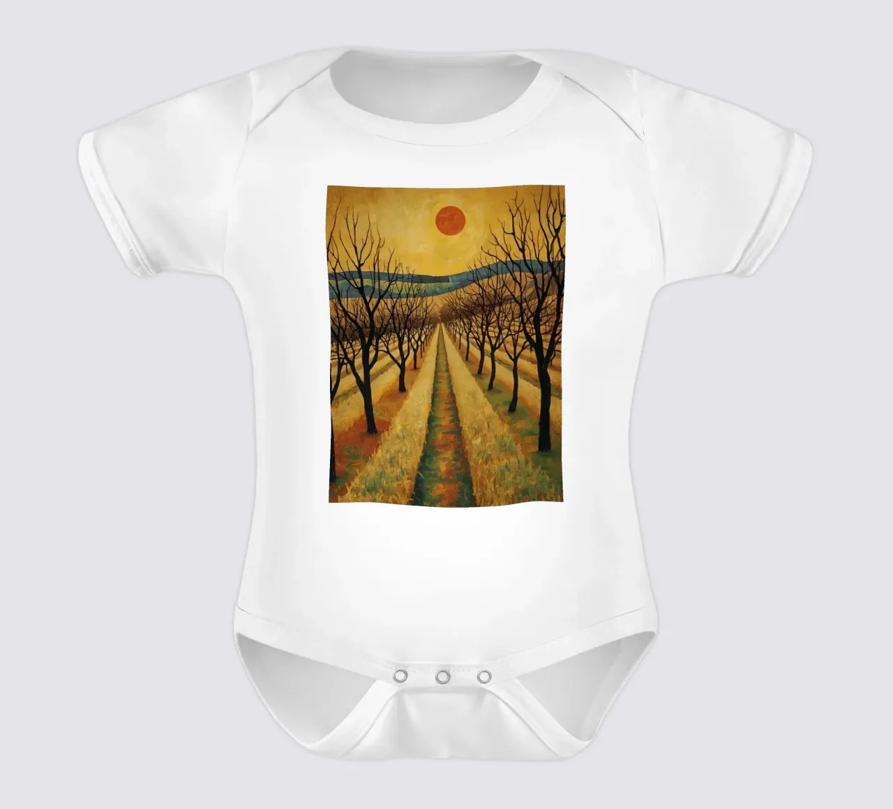 Treelined pathway with red sun over fields and bare trees short-sleeve baby romper by DesignDoodle