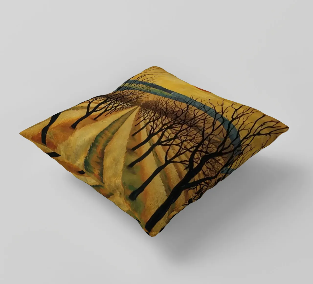 Treelined pathway with red sun over fields and bare trees decorative cushion by DesignDoodle
