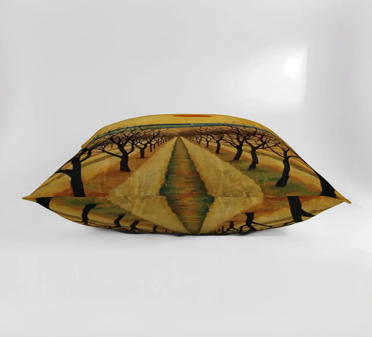Sentier bordé d'arbres avec soleil rouge sur les champs et les arbres nus coussin de DesignDoodle