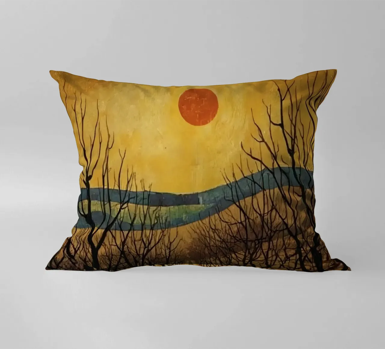 Treelined pathway with red sun over fields and bare trees decorative cushion by DesignDoodle