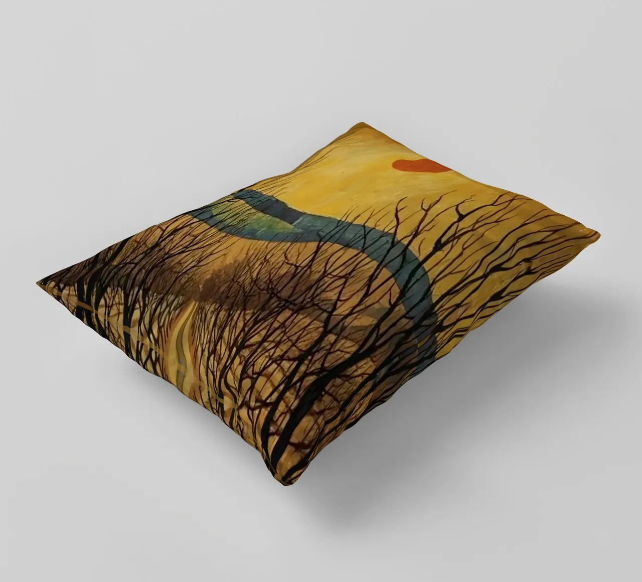 Treelined pathway with red sun over fields and bare trees decorative cushion by DesignDoodle