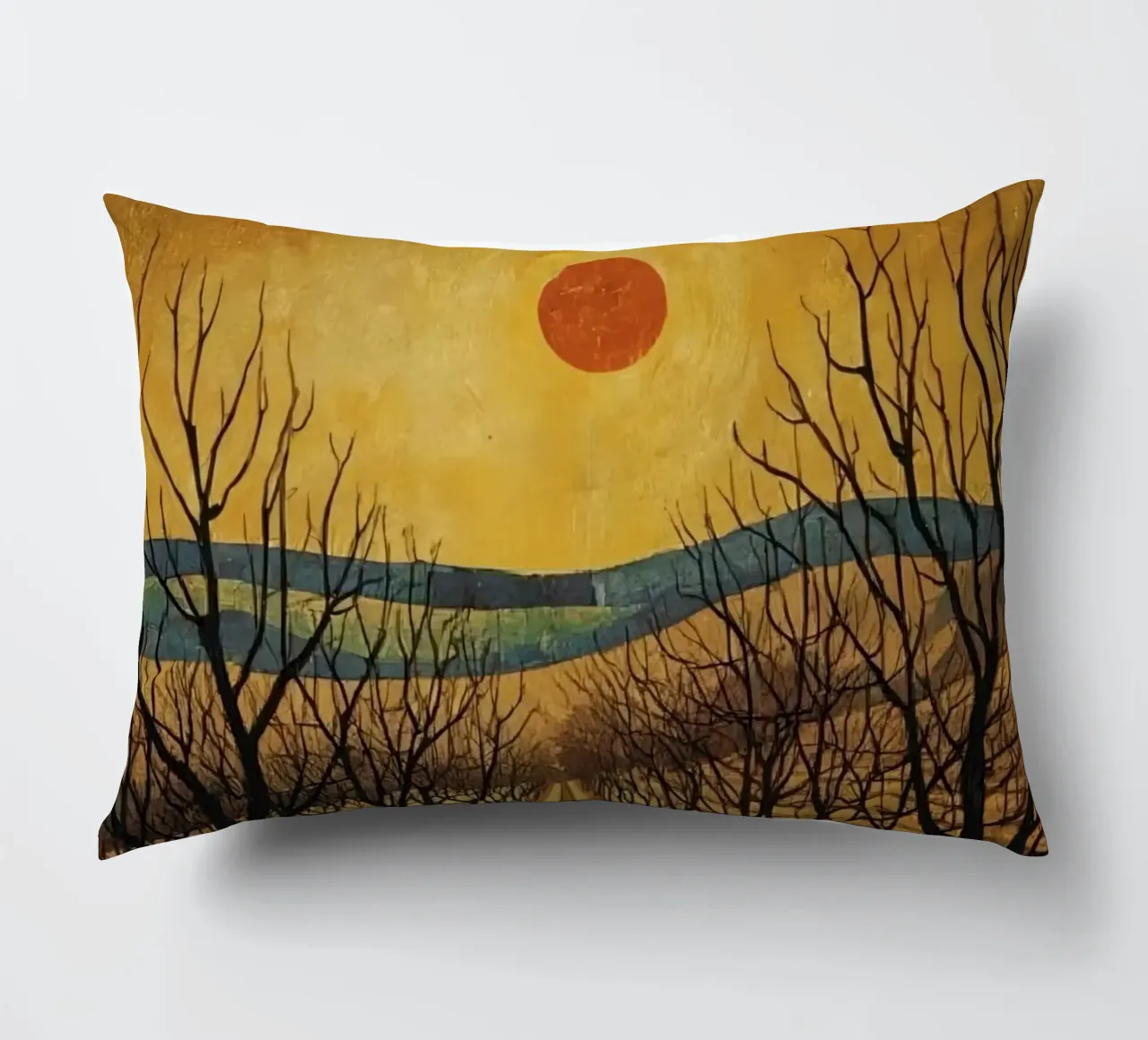 Treelined pathway with red sun over fields and bare trees decorative cushion by DesignDoodle