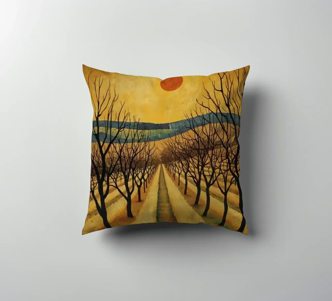Treelined pathway with red sun over fields and bare trees decorative cushion by DesignDoodle