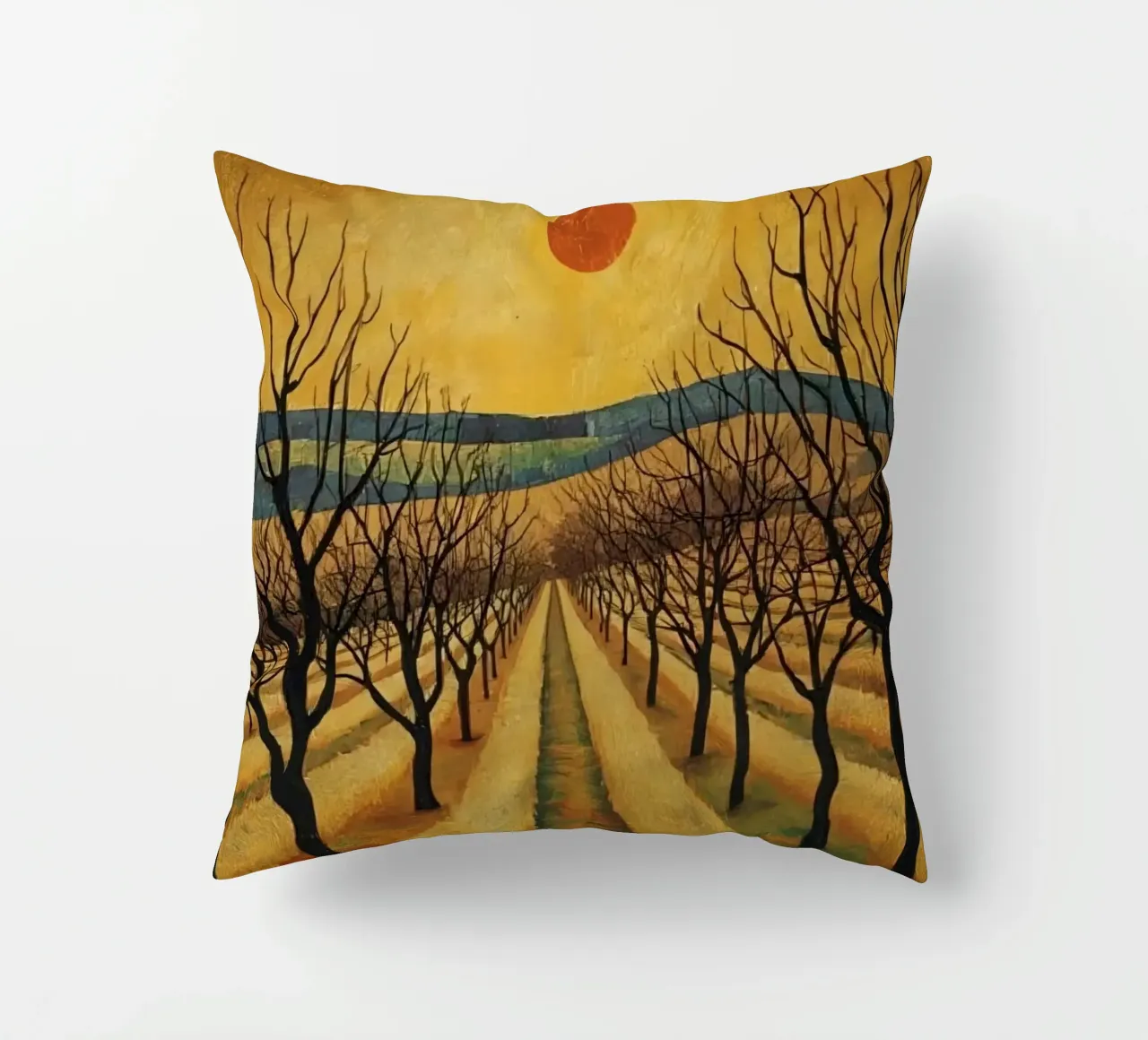 Treelined pathway with red sun over fields and bare trees decorative cushion by DesignDoodle