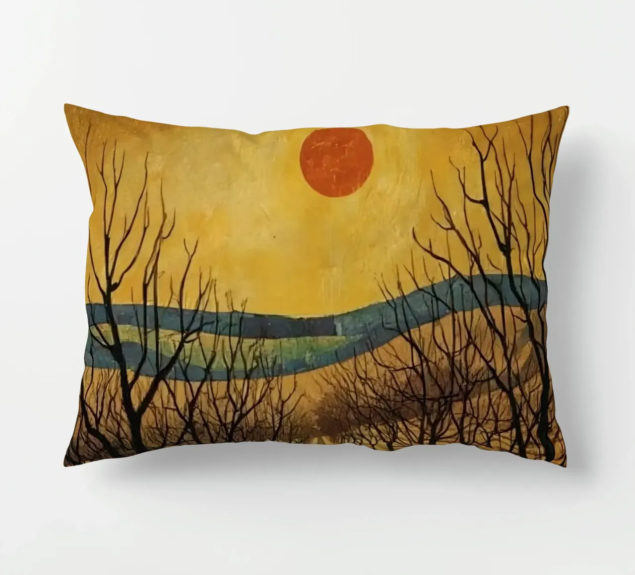 Treelined pathway with red sun over fields and bare trees decorative cushion by DesignDoodle