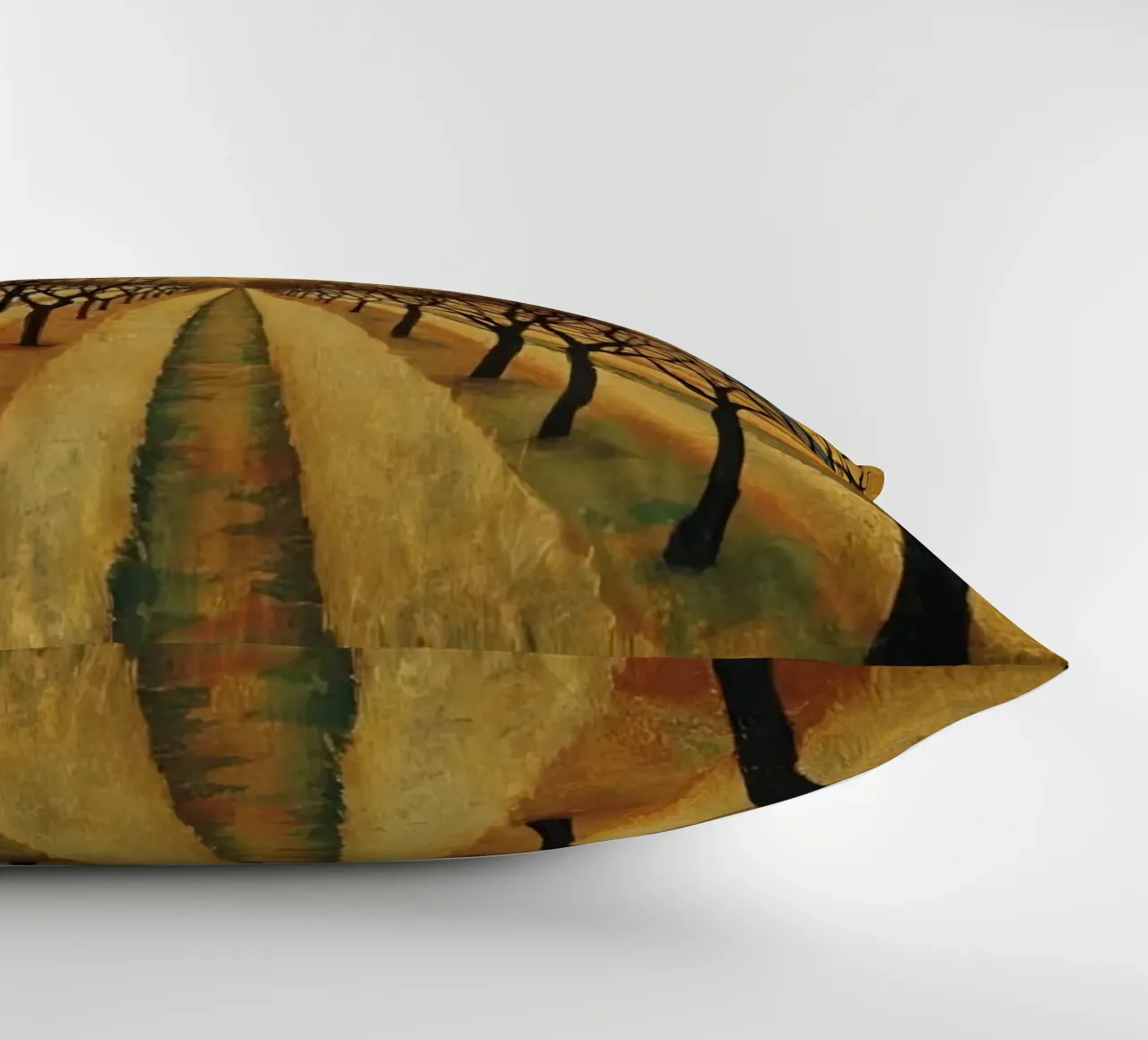 Treelined pathway with red sun over fields and bare trees decorative cushion by DesignDoodle