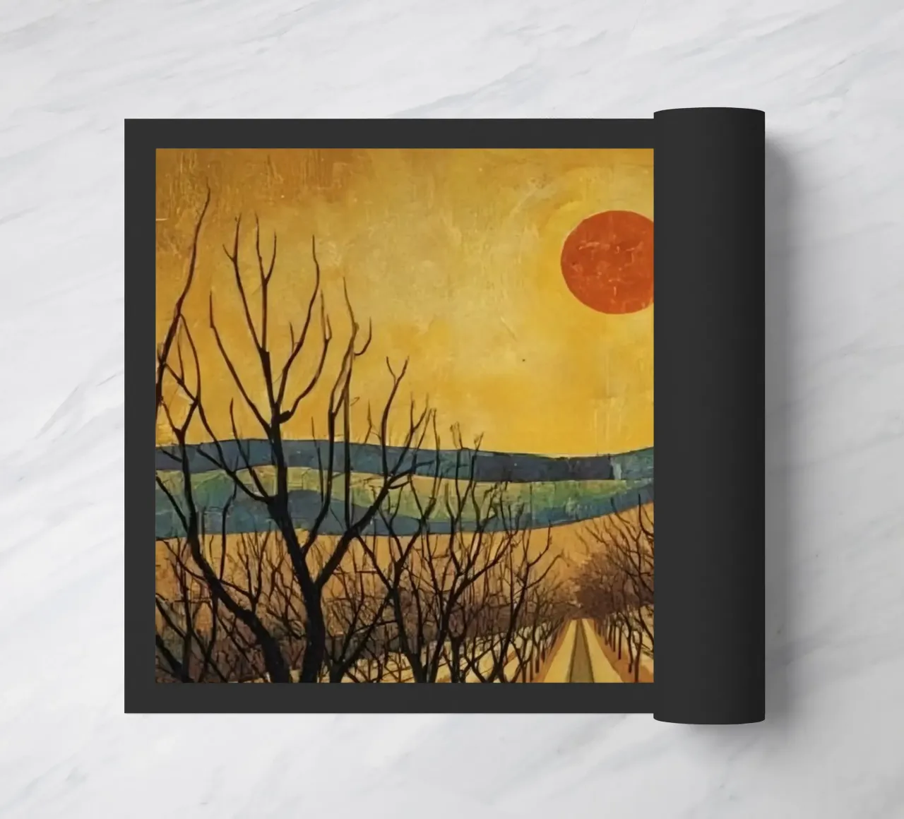 Sentier bordé d'arbres avec soleil rouge sur les champs et les arbres nus paillasson de DesignDoodle