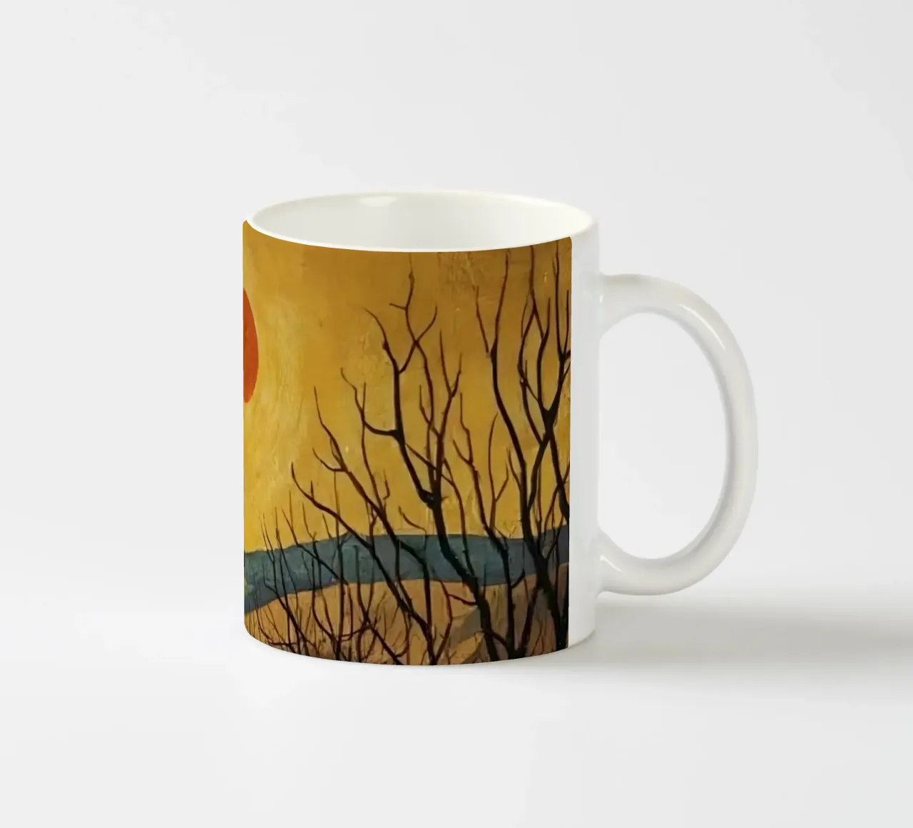 Treelined pathway with red sun over fields and bare trees ceramic mug by DesignDoodle