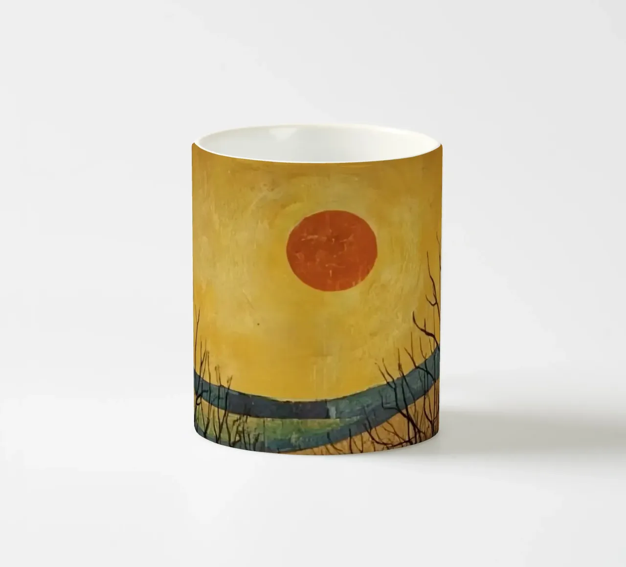 Treelined pathway with red sun over fields and bare trees ceramic mug by DesignDoodle