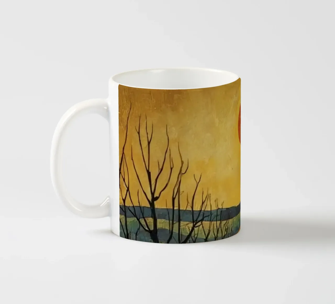 Treelined pathway with red sun over fields and bare trees ceramic mug by DesignDoodle