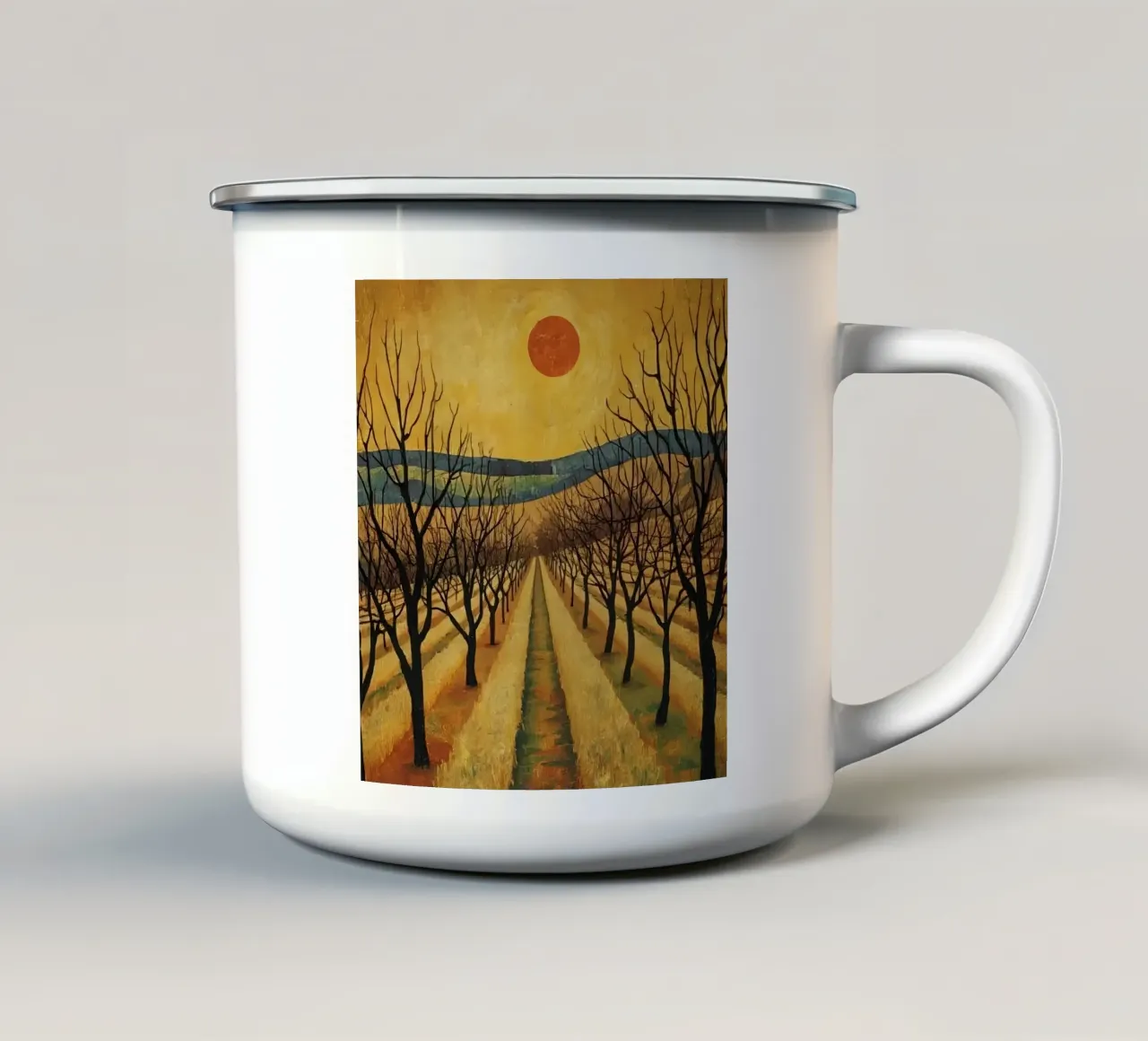 Treelined pathway with red sun over fields and bare trees enamel mug by DesignDoodle