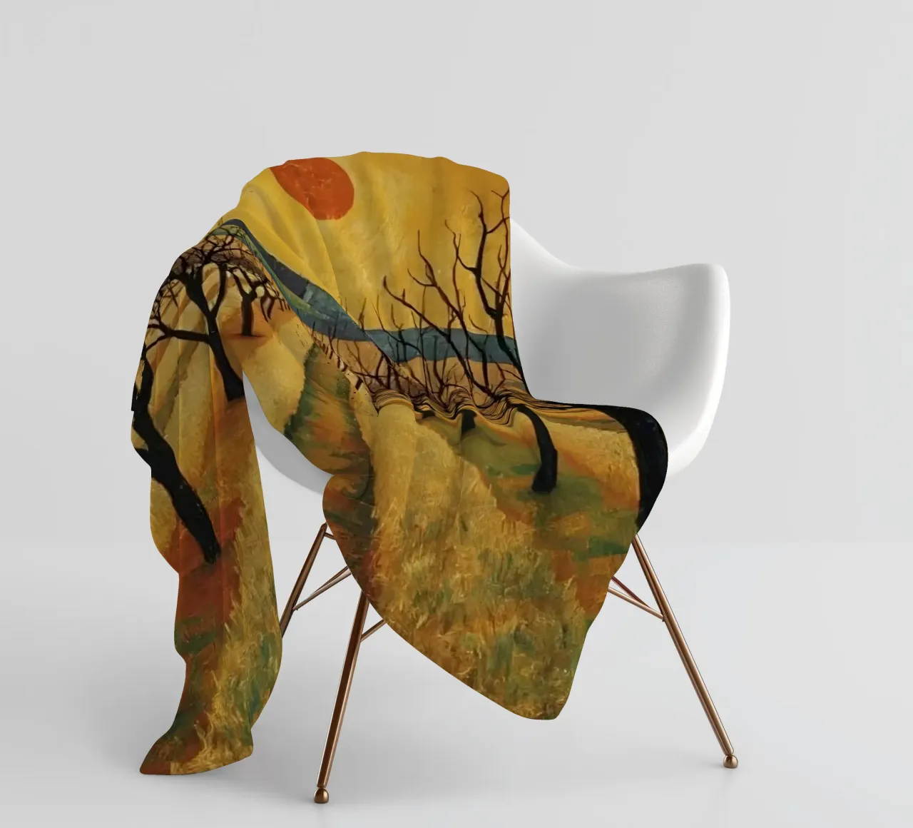 Treelined pathway with red sun over fields and bare trees fleece blanket by DesignDoodle