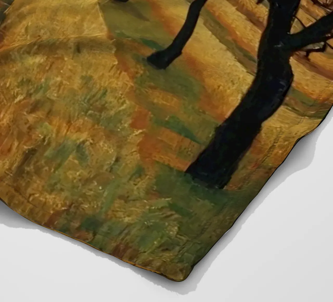 Treelined pathway with red sun over fields and bare trees fleece blanket by DesignDoodle