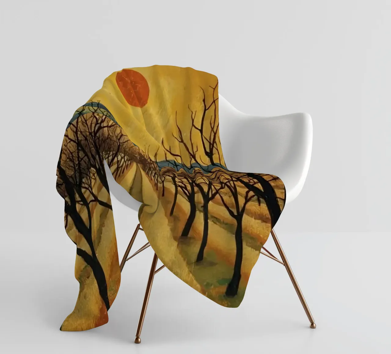 Treelined pathway with red sun over fields and bare trees fleece blanket by DesignDoodle